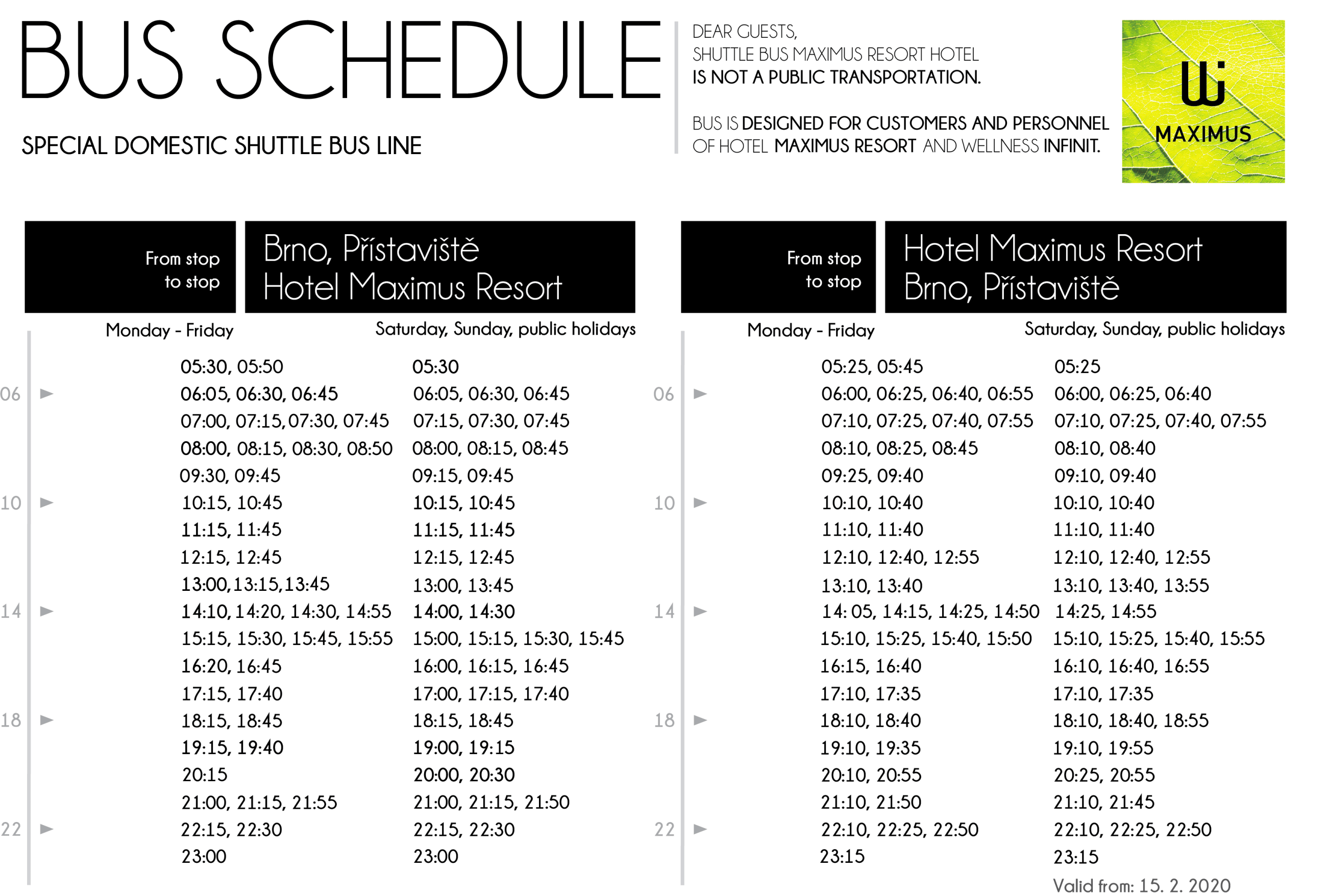 Shuttle bus timetable Infinit Maximus